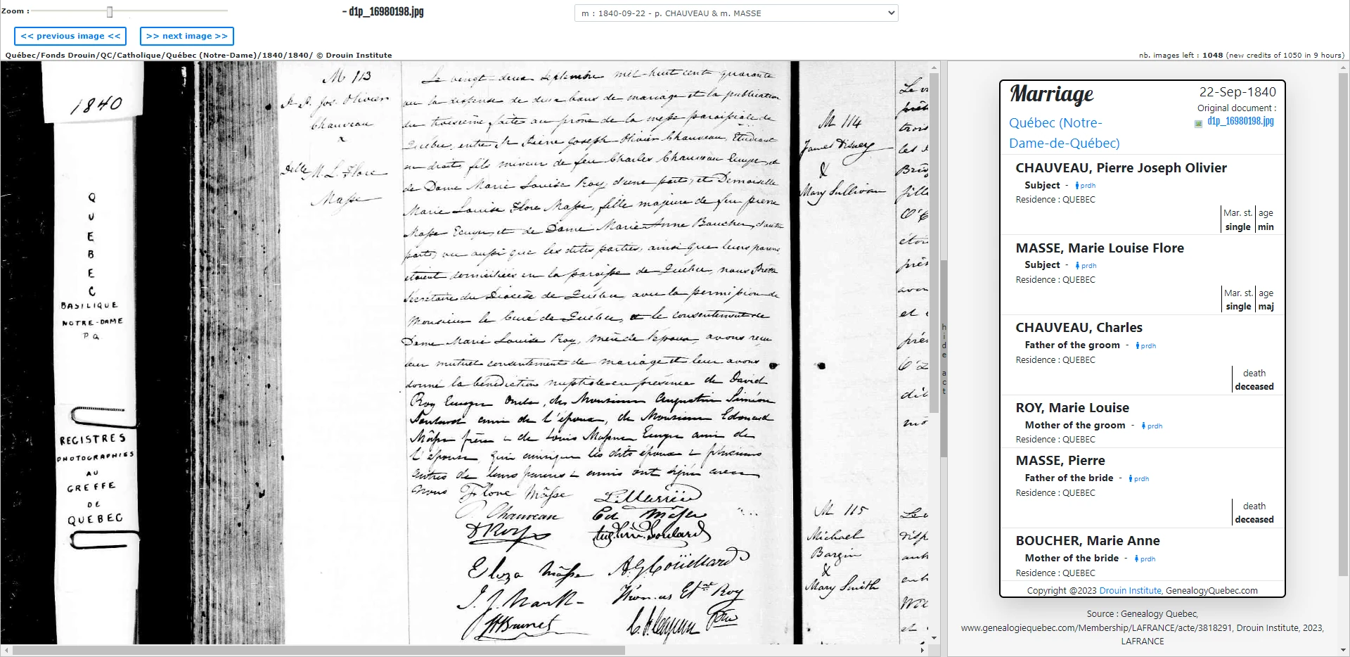 Historical marriage record from the LAFRANCE collection