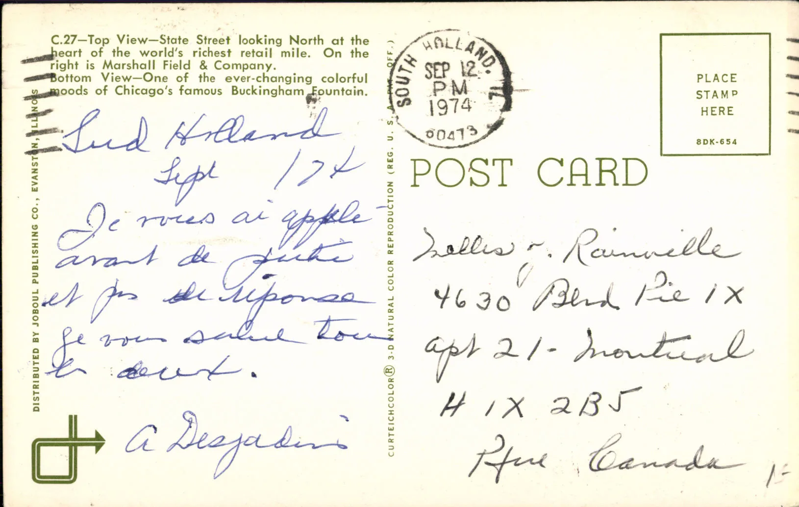 Front and back of a vintage postcard showing a handwritten message and mailing address