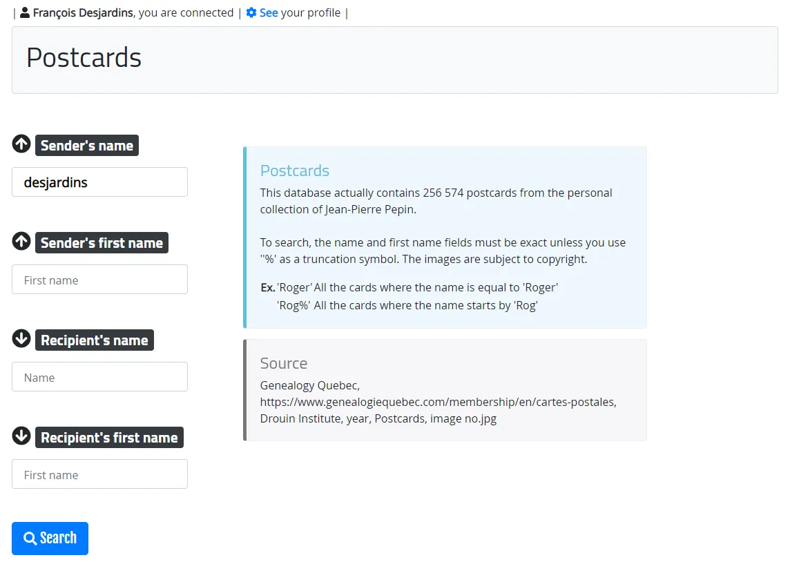 Postcard search engine with sender and recipient filters