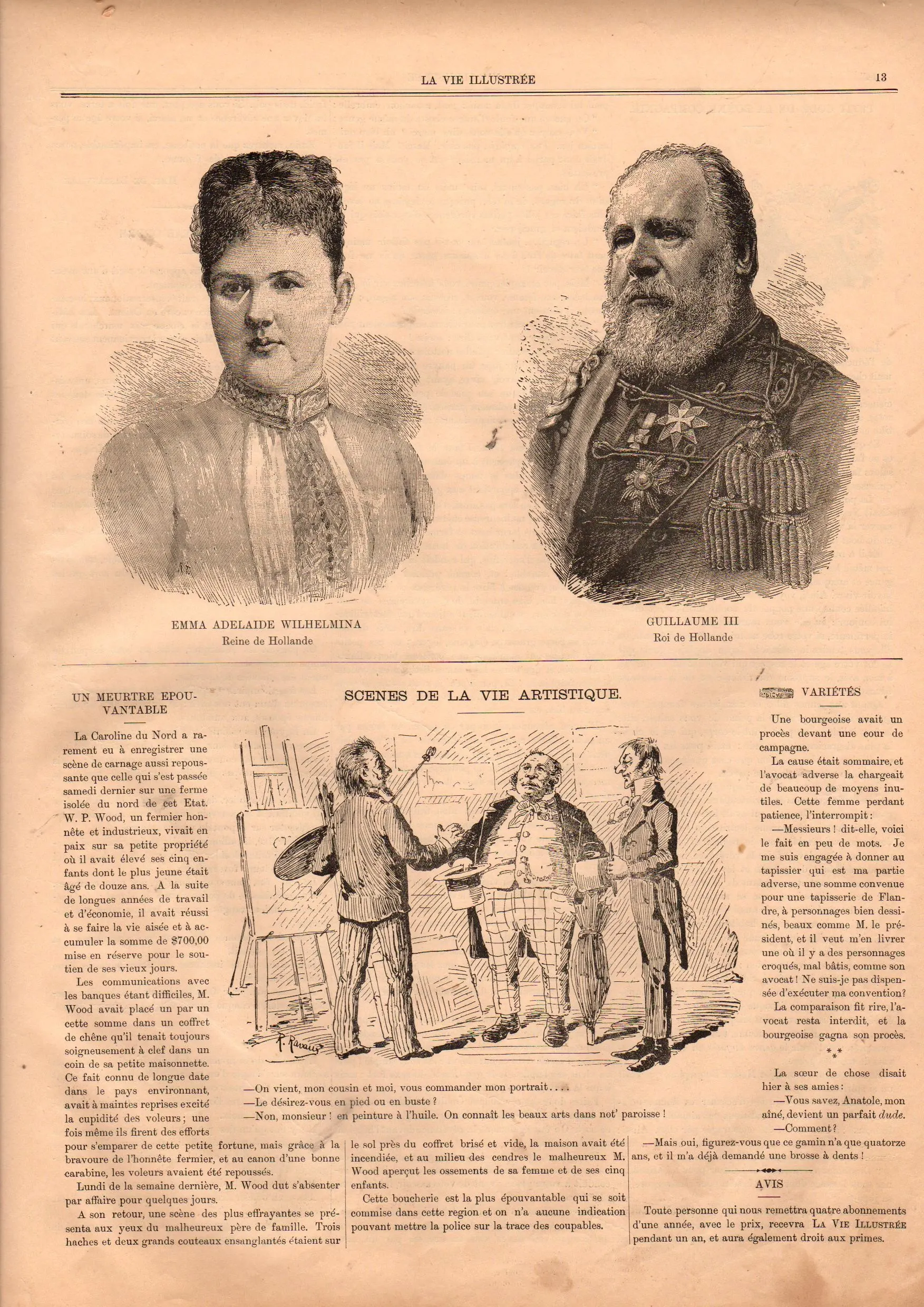 Page de La Vie illustrée avec les portraits de la reine Emma et du roi Guillaume III