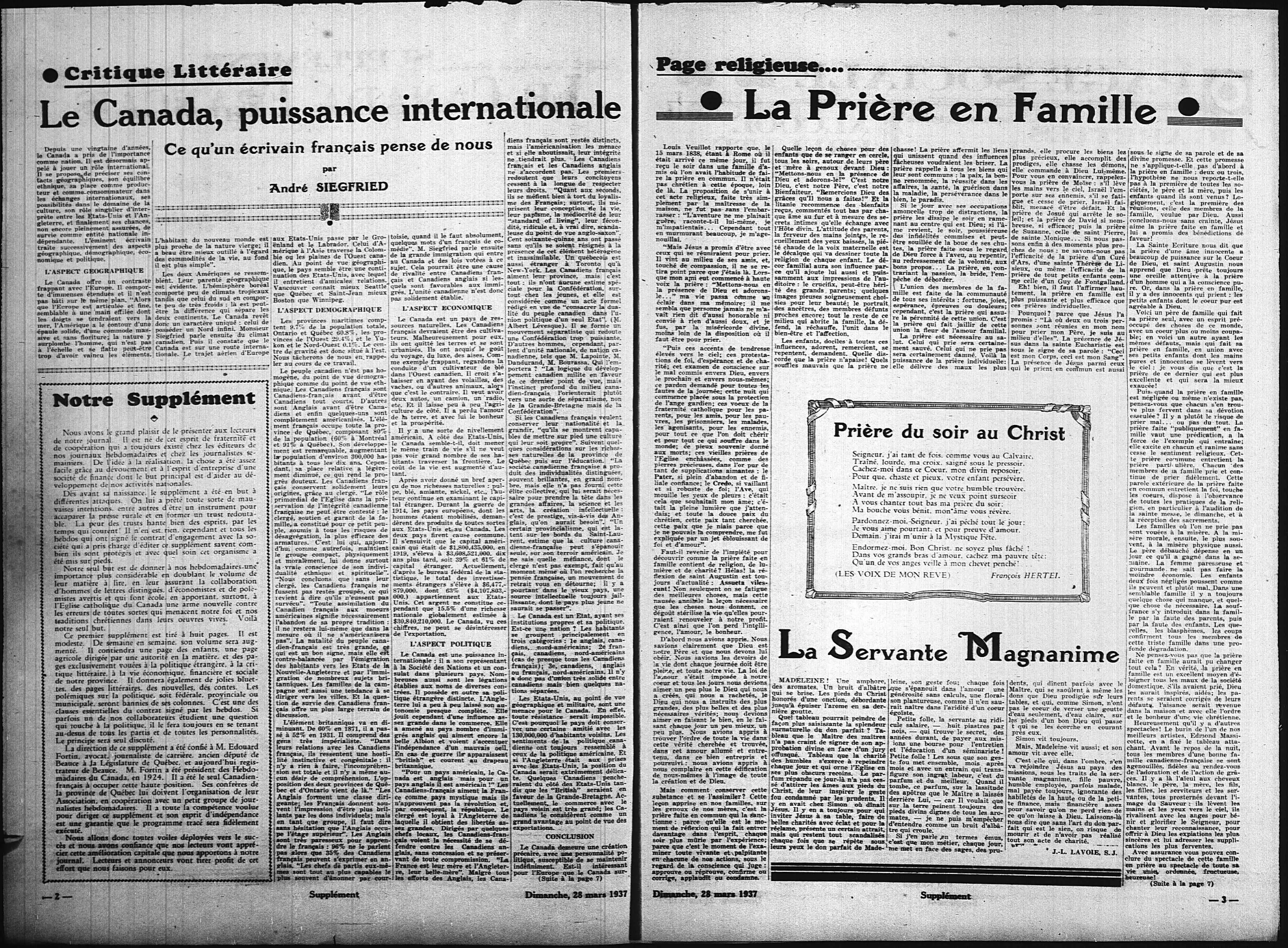 Pages d'un supplément de journal québécois du 28 mars 1937