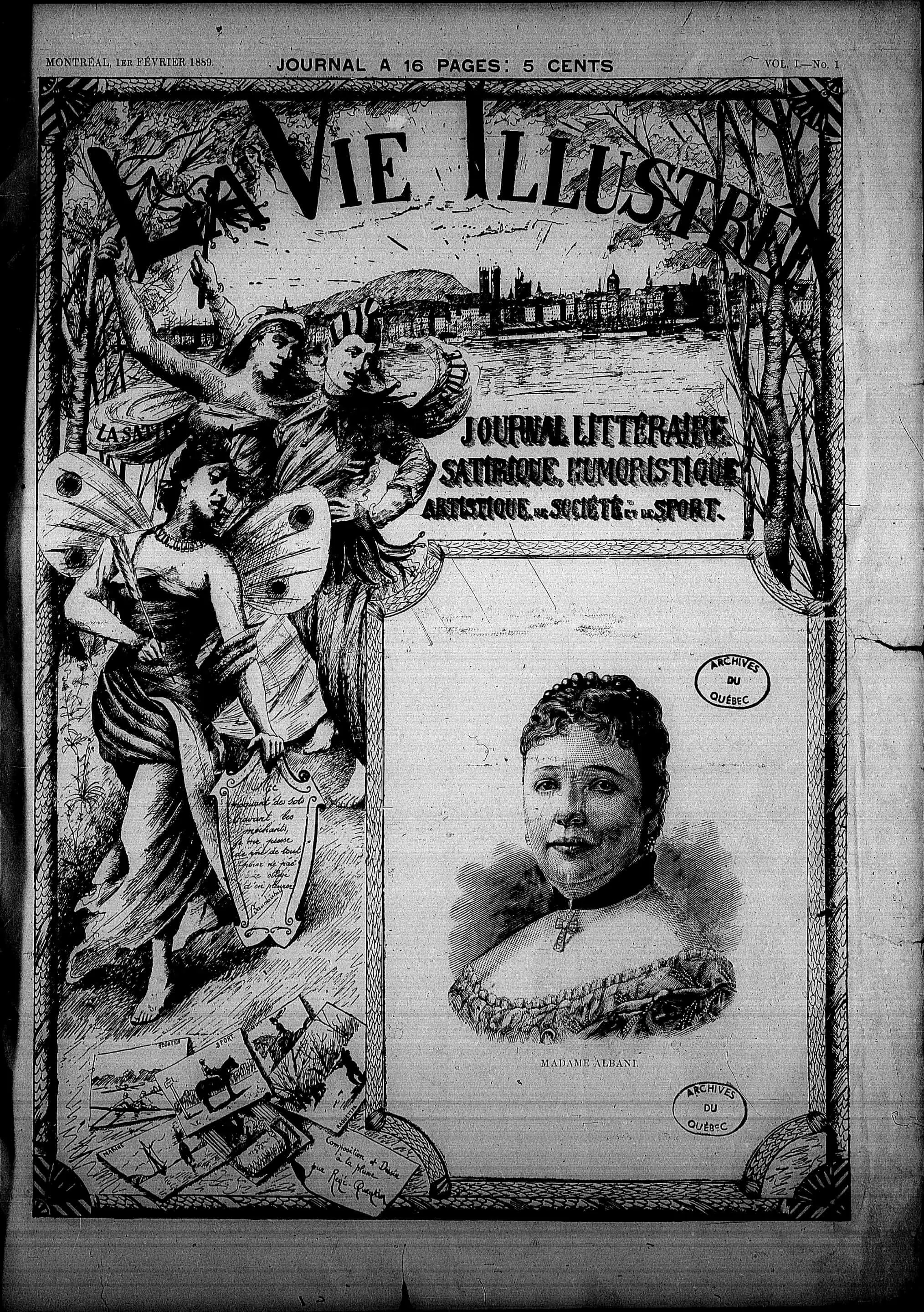 Une du journal La Vie illustrée du 1er février 1889 avec un portrait de Madame Albani