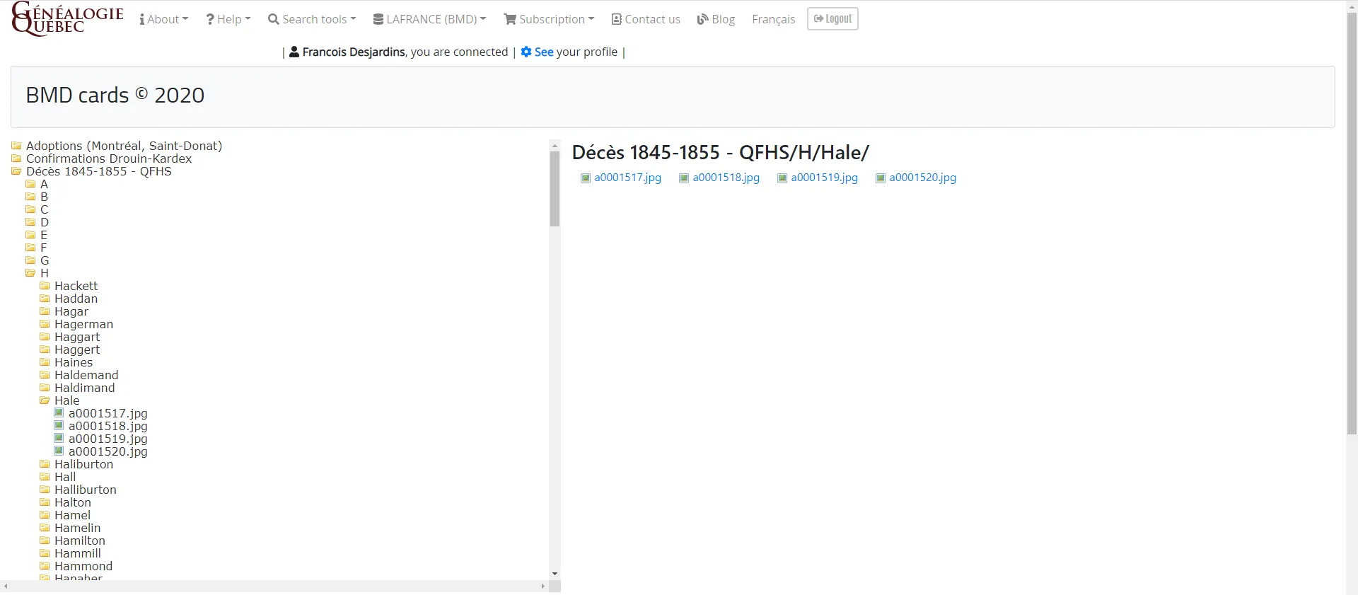 English BMD cards interface showing QFHS death records organized by surname