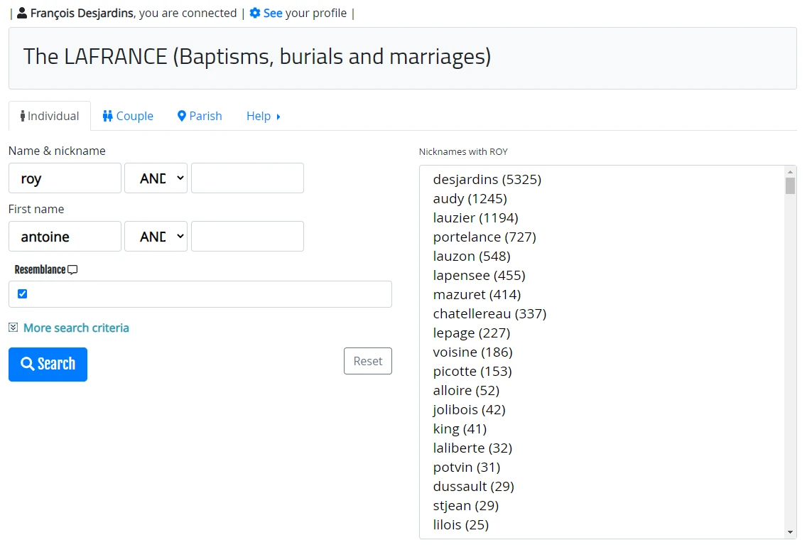 Search for an ancestor in LAFRANCE BMD