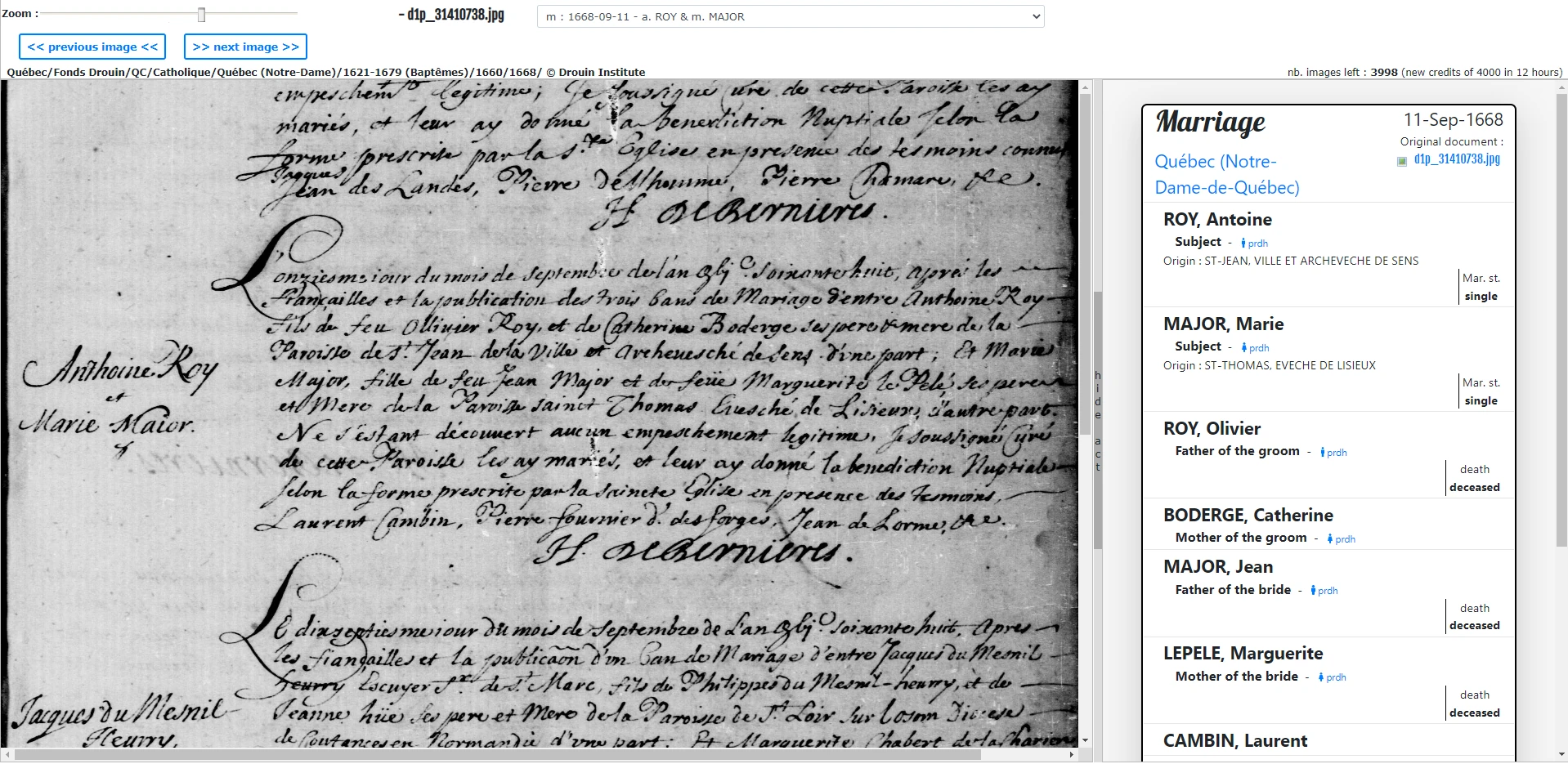 Indexed record entry and original document in LAFRANCE BMD