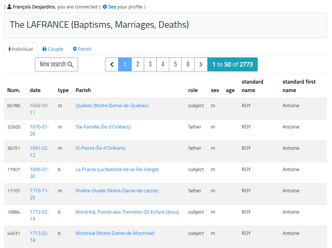 LAFRANCE BMD genealogy search results
