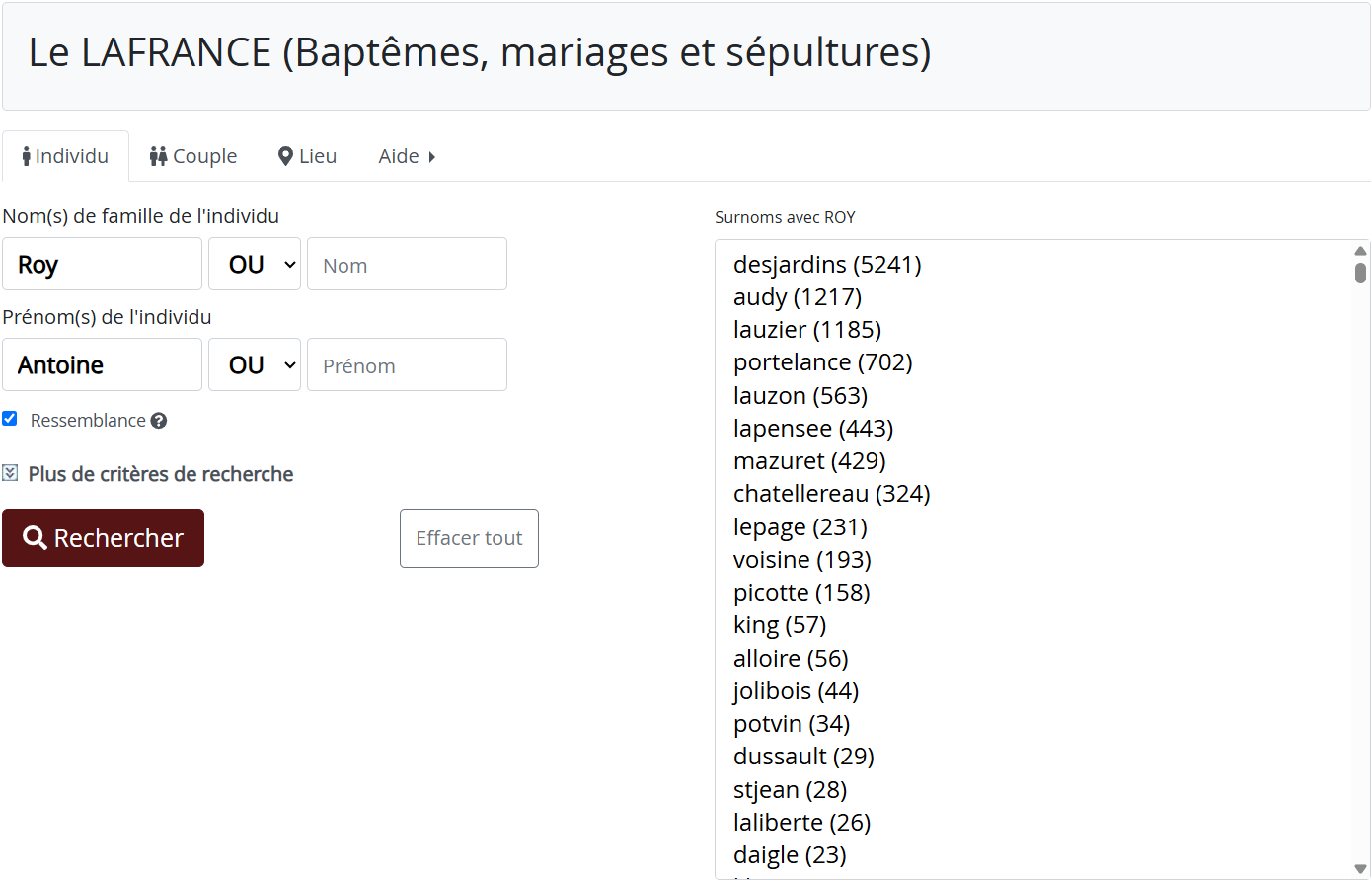 Recherche d'un ancêtre dans le LAFRANCE BMS