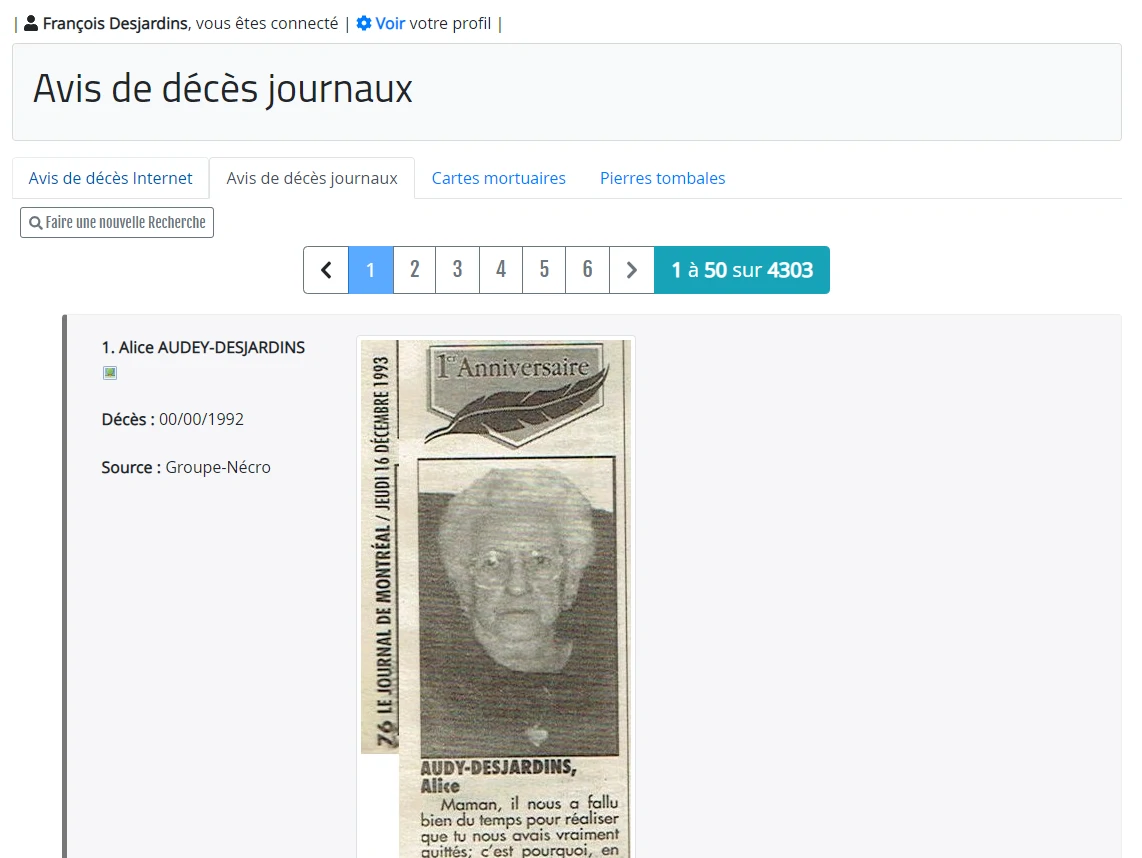 Résultats d'une recherche d'avis de décès dans le Nécrologe