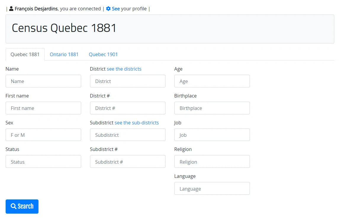 Search engine for the Quebec and Ontario census records