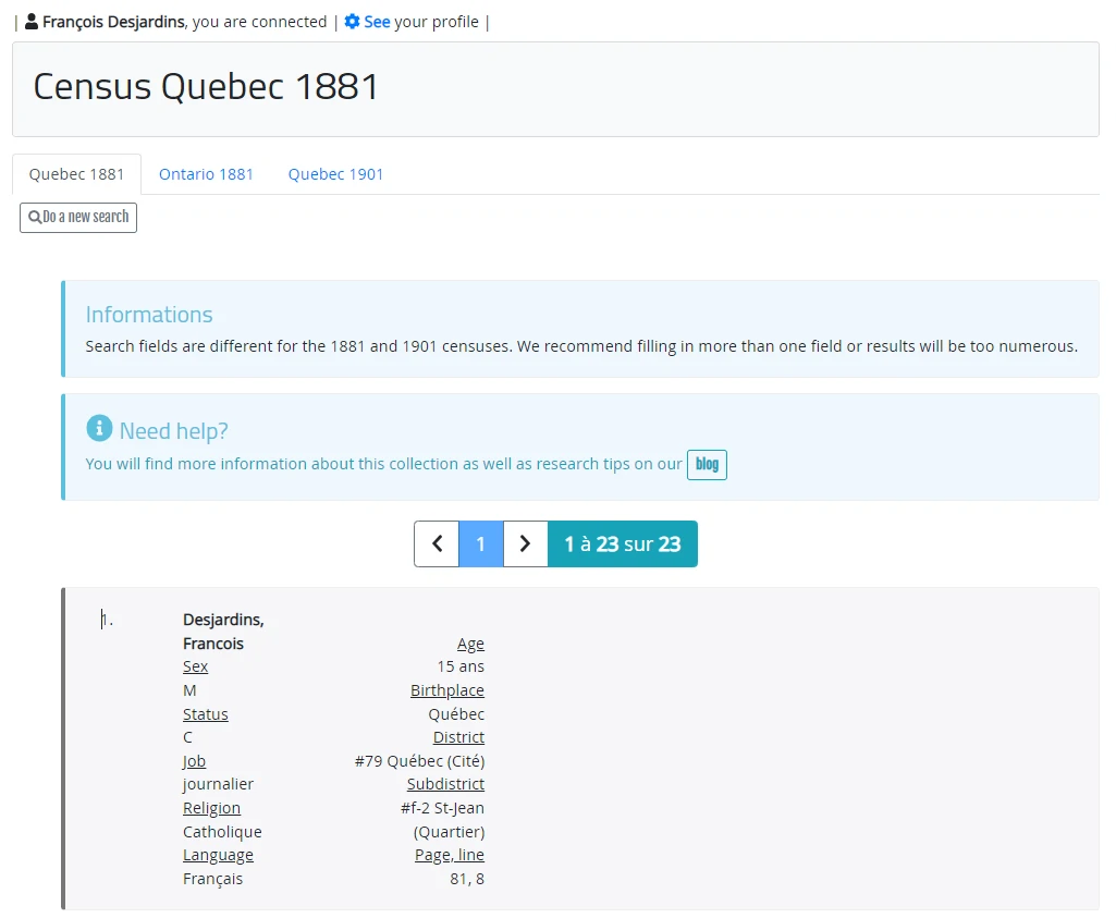 Search results from the Quebec and Ontario census records
