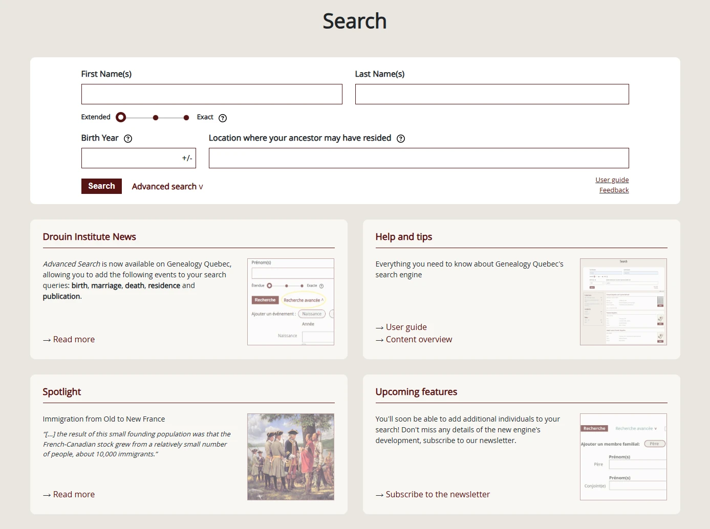 Genealogy search interface for Genealogy Quebec