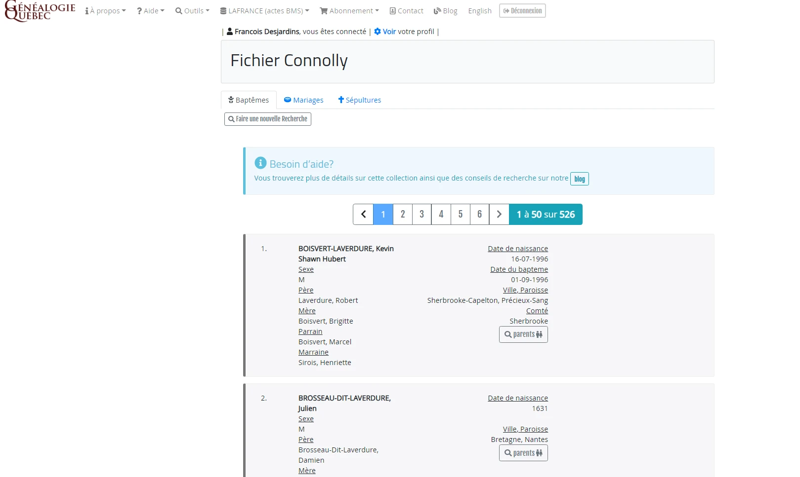 Résultats d'une recherche dans le Fichier Connolly