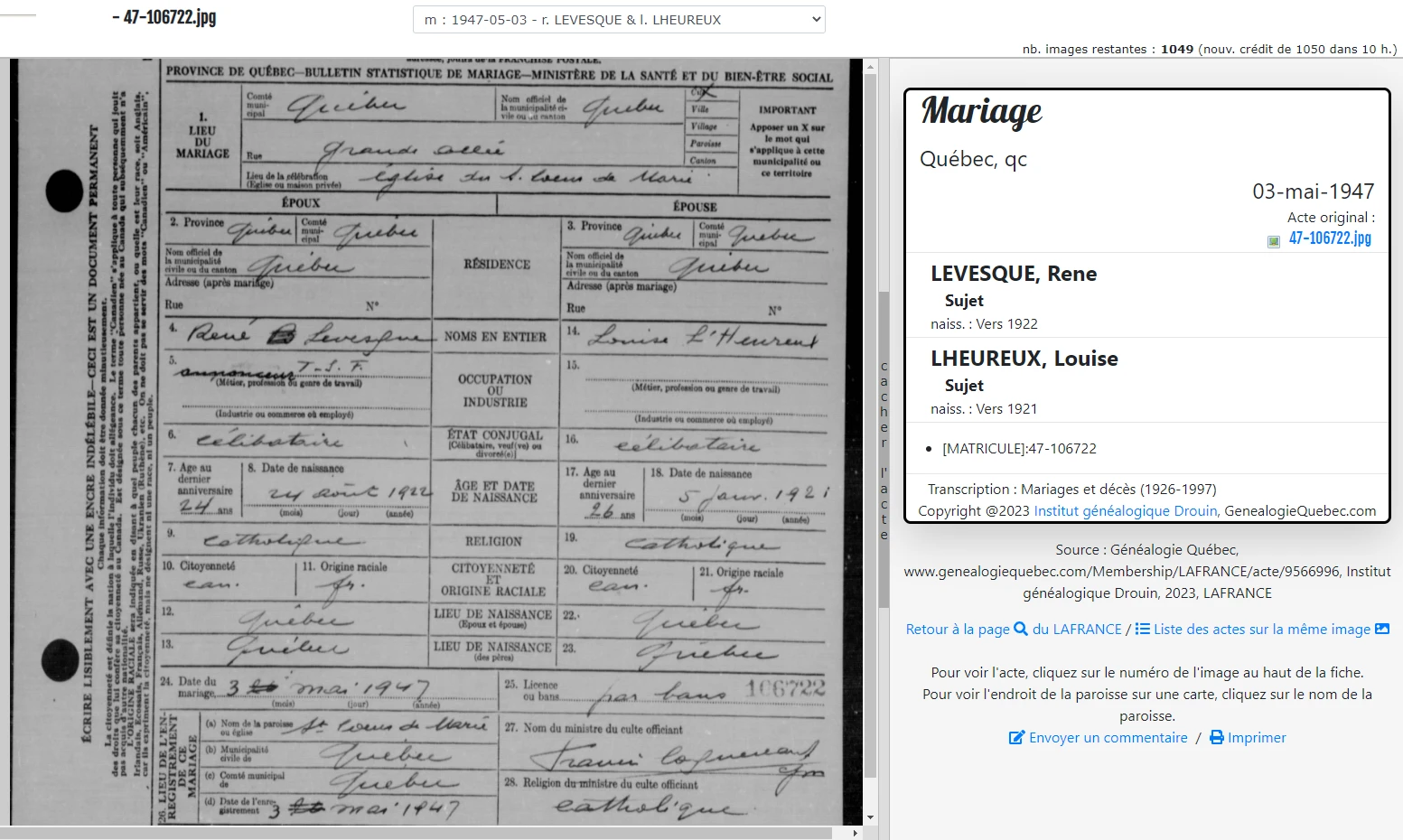 Quebec marriage record and original marriage document