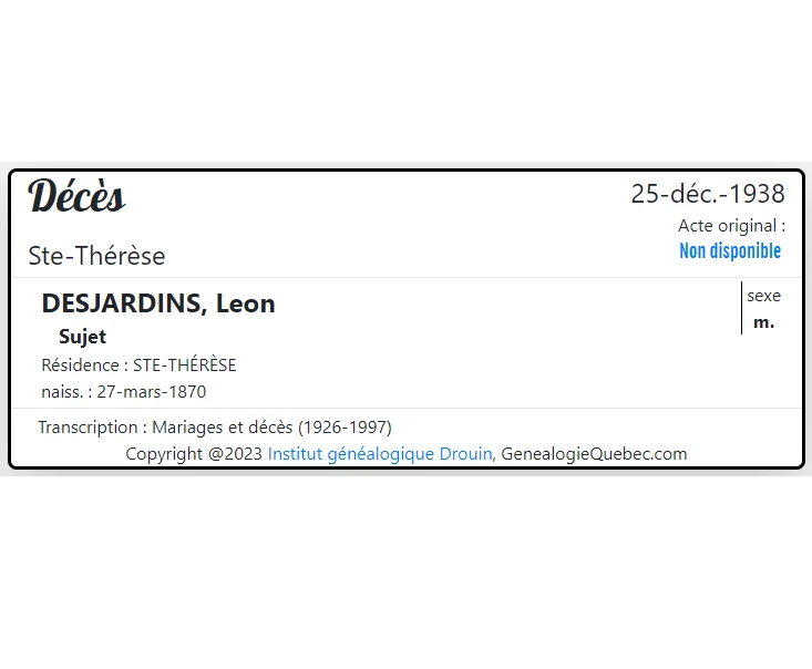 Quebec death record from the 1926-1997 collection