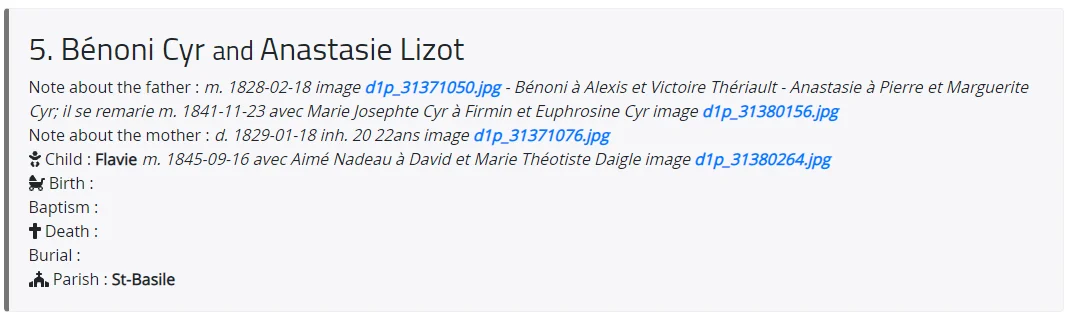 Example of a genealogy profile for a reconstructed Acadian family