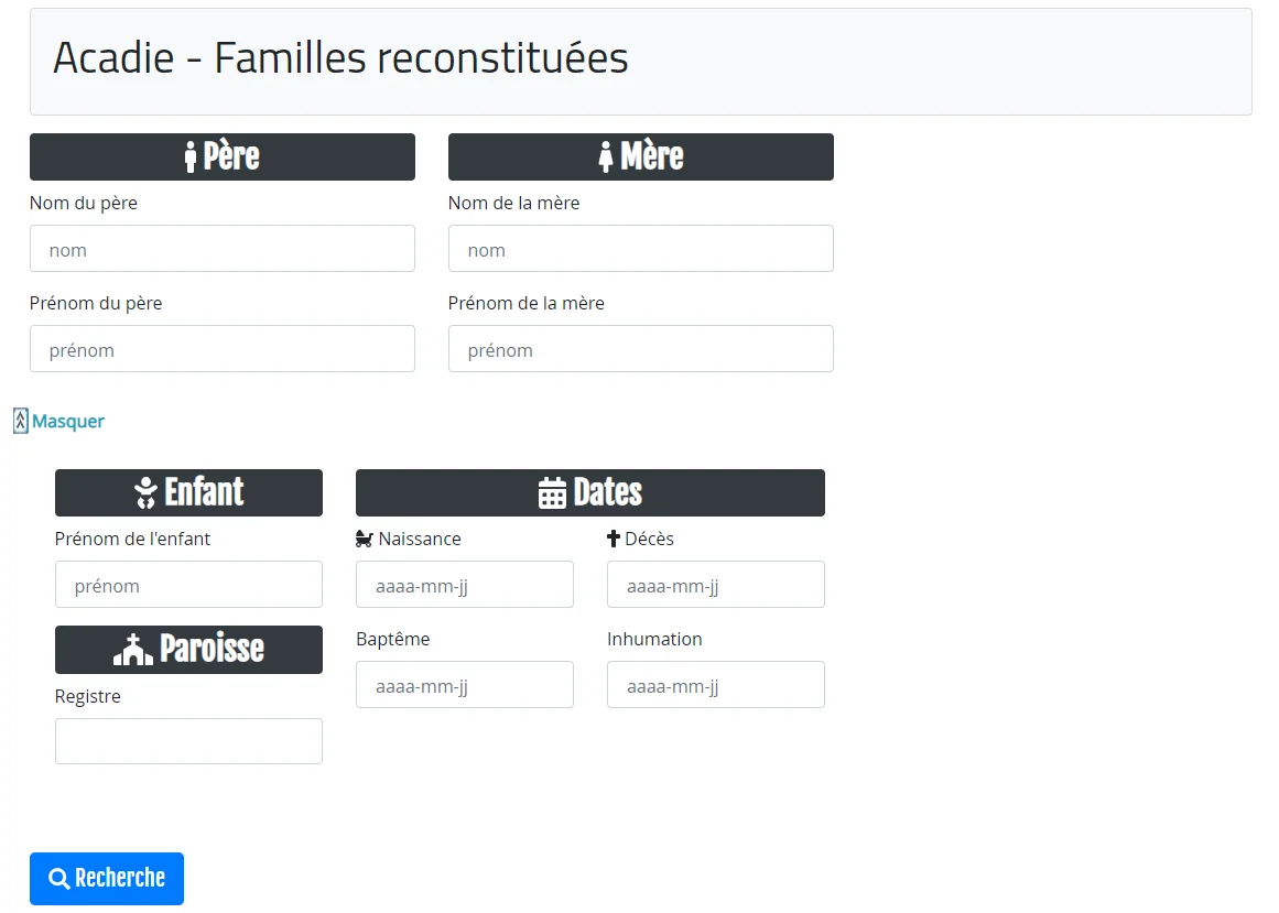 Formulaire de recherche des familles acadiennes avec critères sur les parents, l’enfant, les dates et la paroisse