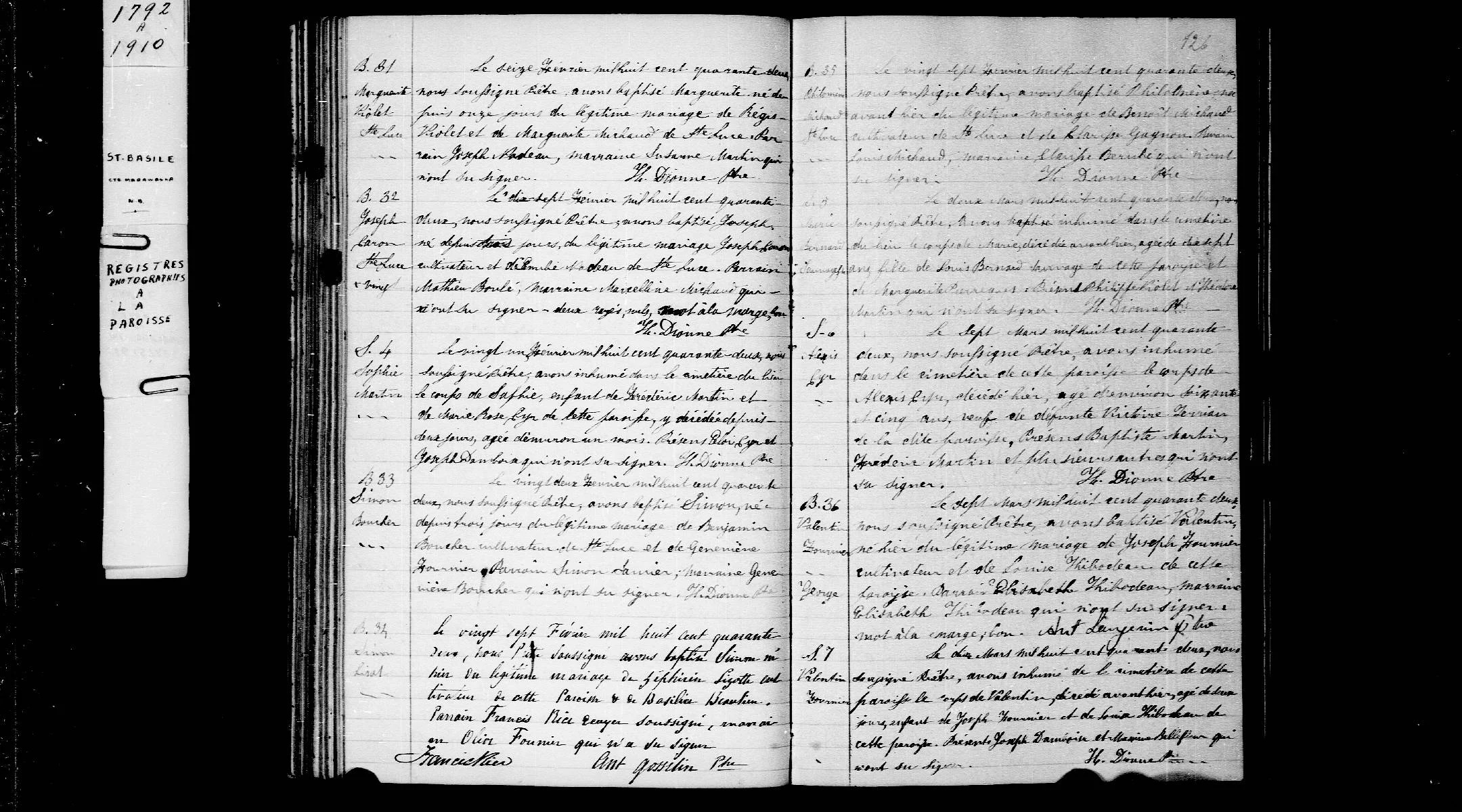 Pages numérisées d’un registre ancien utilisé pour reconstituer les familles acadiennes