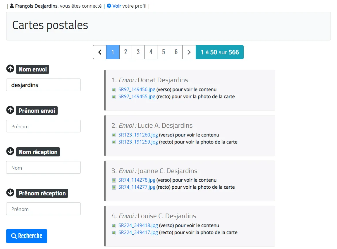Moteur de recherche permettant de retrouver une carte postale par expéditeur ou destinataire