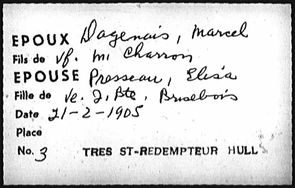 Fiche manuscrite du fonds Fabien pour un mariage célébré à Hull en 1905